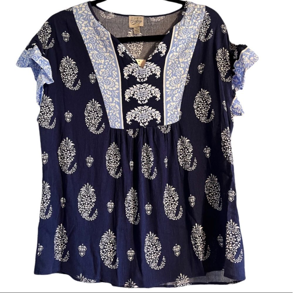 😊 3/$30 NWT COMO VINTAGE top Sz S ruffle sleeve light & dark blues